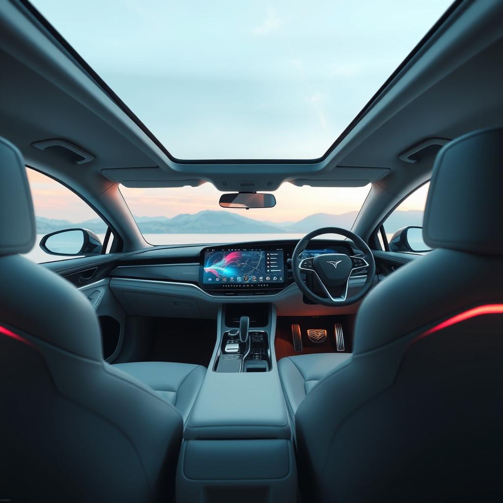 A futuristic car interior featuring a sleek, intuitive touch screen infotainment system at the center of the dashboard