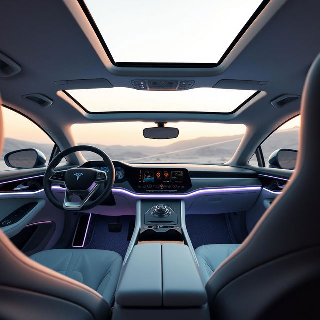 A futuristic car interior featuring a sleek, intuitive touch screen infotainment system at the center of the dashboard