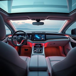 A futuristic car interior featuring a sleek, intuitive touch screen infotainment system at the center of the dashboard