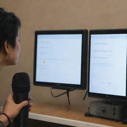 A small, portable device with a touchscreen, two microphones, and two speakers. A person is seen speaking into the microphone as the translation in the chosen language sounds out from the speaker.