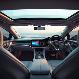 A futuristic car interior featuring a sleek, intuitive touch screen infotainment system at the center of the dashboard