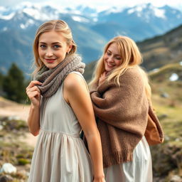 A pretty and humble blonde woman, around 25 years old, with blue eyes and a subtle smile, gently biting a straw of grass stands on a mountain trail