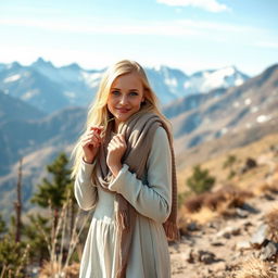 A pretty and humble blonde woman, around 25 years old, with blue eyes and a subtle smile, gently biting a straw of grass stands on a mountain trail