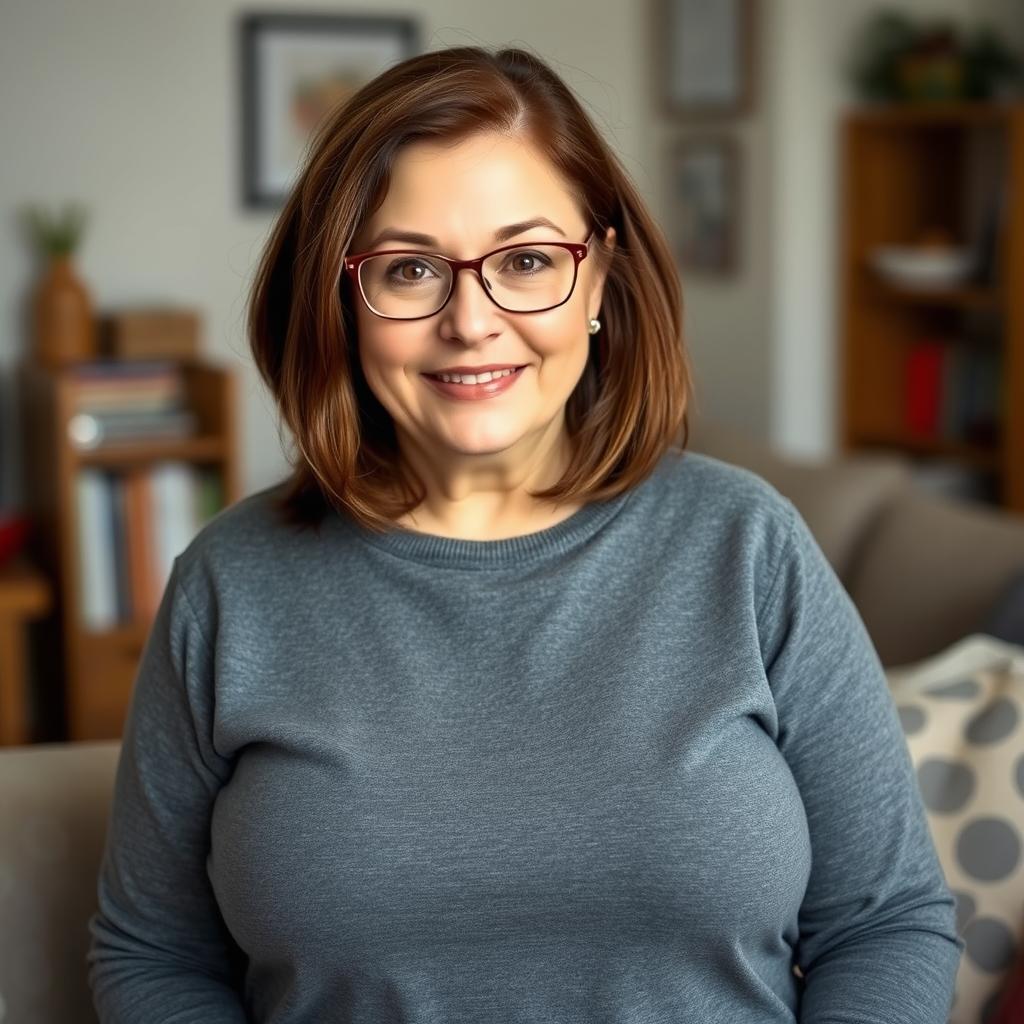 45-year-old woman with shoulder-length brunette hair, expressive eyes, chubby figure, and busty build, wearing glasses in a casual setting