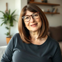 45-year-old woman with shoulder-length brunette hair, expressive eyes, chubby figure, and busty build, wearing glasses in a casual setting