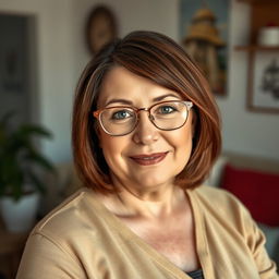 45-year-old woman with shoulder-length brunette hair, expressive eyes, chubby figure, and busty build, wearing glasses in a casual setting