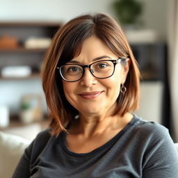 45-year-old woman with shoulder-length brunette hair, expressive eyes, chubby figure, and busty build, wearing glasses in a casual setting