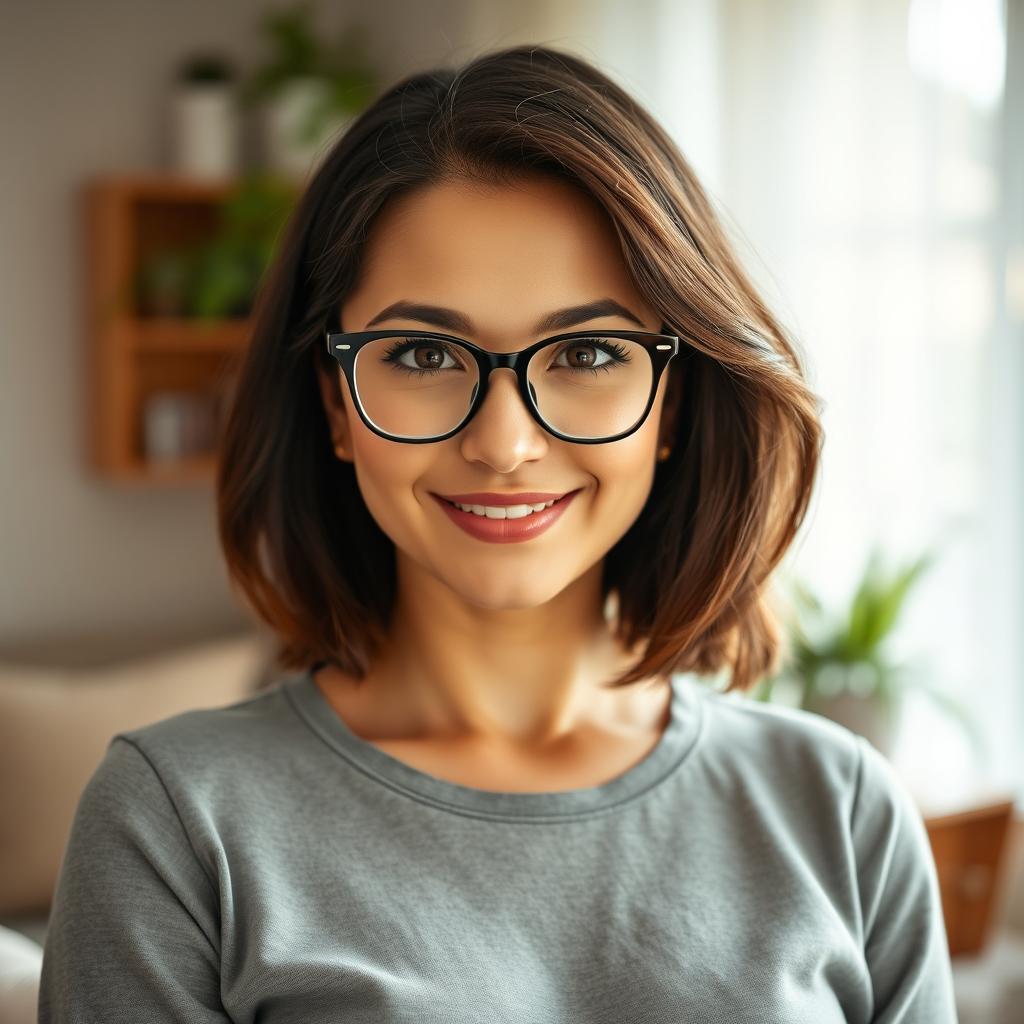 A youthful yet mature woman in her mid-30s with shoulder-length brunette hair, captivating eyes, curvy figure, and busty build, wearing trendy glasses