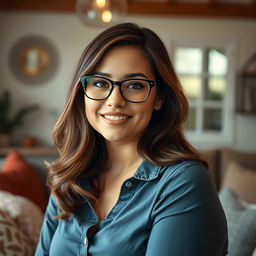 A youthful yet mature woman in her mid-30s with shoulder-length brunette hair, captivating eyes, curvy figure, and busty build, wearing trendy glasses