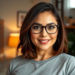 A youthful yet mature woman in her mid-30s with shoulder-length brunette hair, captivating eyes, curvy figure, and busty build, wearing trendy glasses