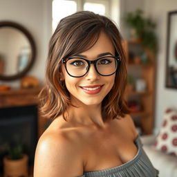 A youthful yet mature woman in her mid-30s with shoulder-length brunette hair, captivating eyes, curvy figure, and busty build, wearing trendy glasses