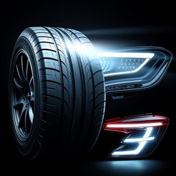 A dynamic composition featuring detailed designs of a high-performance car tire alongside sleek and modern car head and rear lights