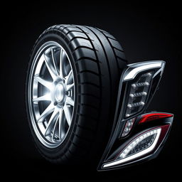 A dynamic composition featuring detailed designs of a high-performance car tire alongside sleek and modern car head and rear lights