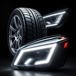 A dynamic composition featuring detailed designs of a high-performance car tire alongside sleek and modern car head and rear lights