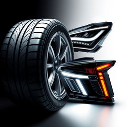 A dynamic composition featuring detailed designs of a high-performance car tire alongside sleek and modern car head and rear lights