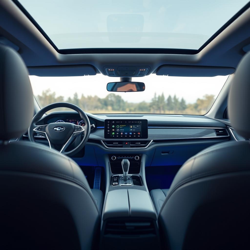 A sleek car interior showcasing a state-of-the-art touch screen infotainment system prominently positioned on the dashboard