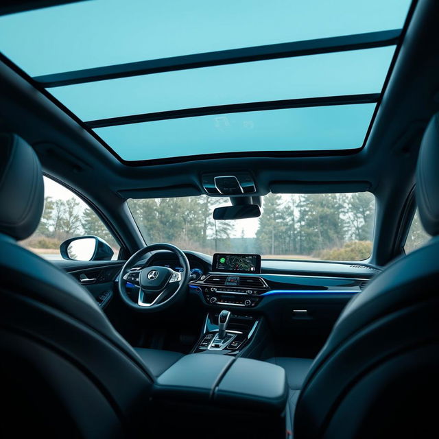 A sleek car interior showcasing a state-of-the-art touch screen infotainment system prominently positioned on the dashboard