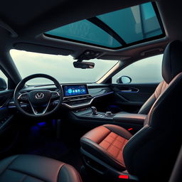 A sleek car interior showcasing a state-of-the-art touch screen infotainment system prominently positioned on the dashboard