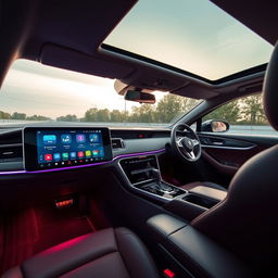 A sleek car interior showcasing a state-of-the-art touch screen infotainment system prominently positioned on the dashboard