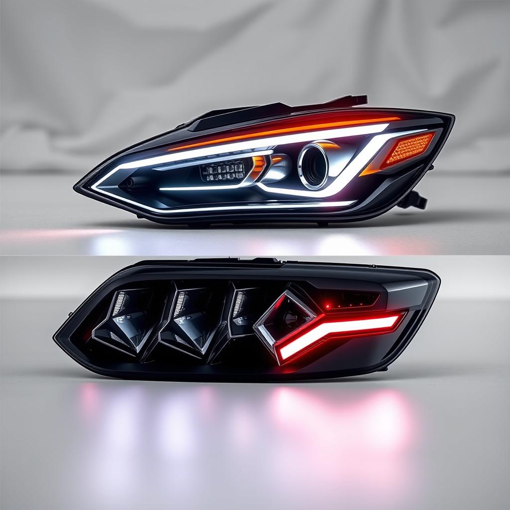 A stunning composition showcasing a pair of ultramodern car headlights and rear lights