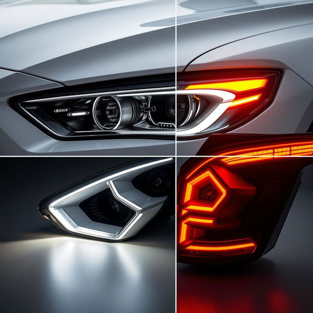 A stunning composition showcasing a pair of ultramodern car headlights and rear lights