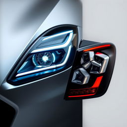 A stunning composition showcasing a pair of ultramodern car headlights and rear lights