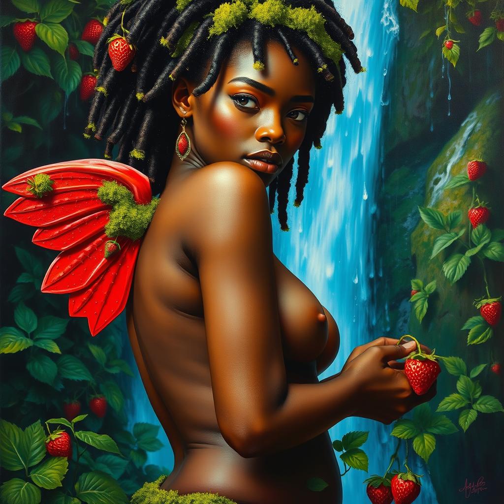 A polished, finished oil-based painting depicting a macro up-close view of a nude, gorgeous-faced Black woman