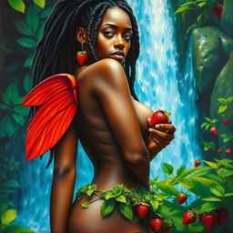 A polished, finished oil-based painting depicting a macro up-close view of a nude, gorgeous-faced Black woman