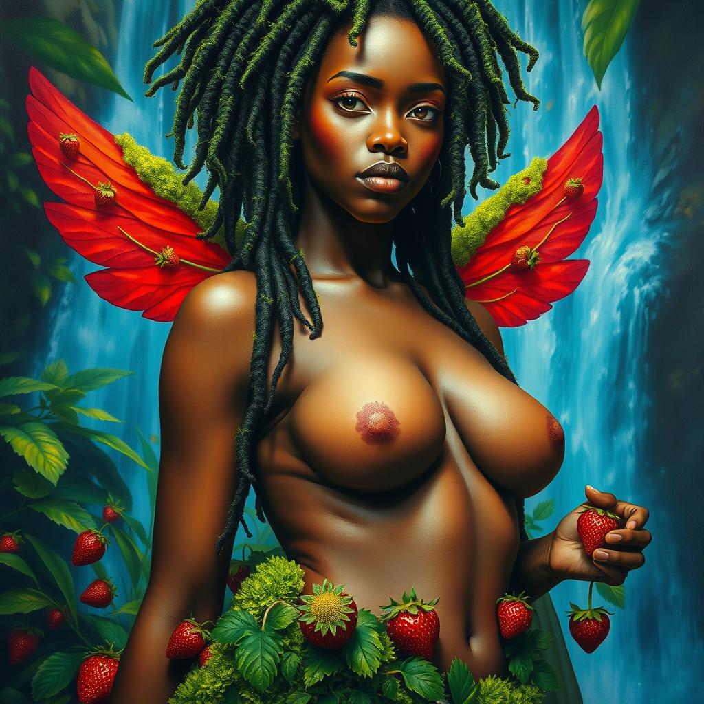 A polished, finished oil-based painting depicting a macro up-close view of a nude, gorgeous-faced Black woman