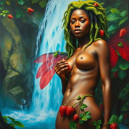 A polished, finished oil-based painting depicting a macro up-close view of a nude, gorgeous-faced Black woman