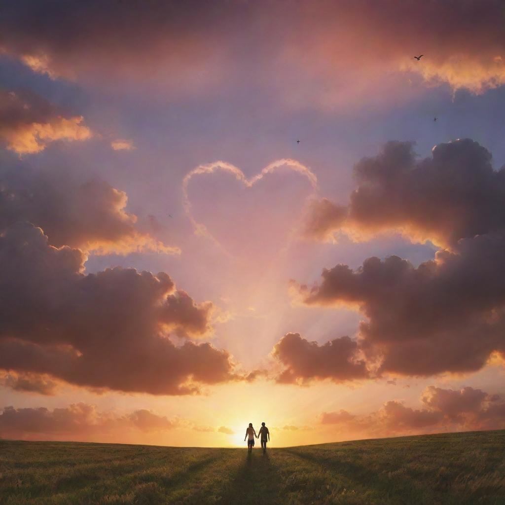 A romantic landscape with a couple holding hands, observing a stunning sunset. The clouds form a heart shape, and a few birds can be seen on the right side of the scene.