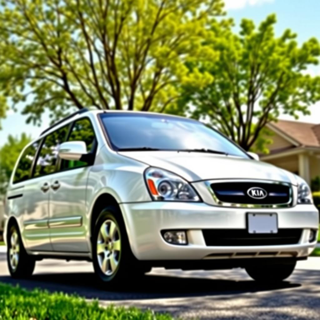 A realistic image of a white 2009 Kia Carnival parked in a suburban neighborhood