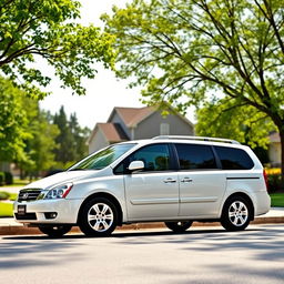 A realistic image of a white 2009 Kia Carnival parked in a suburban neighborhood