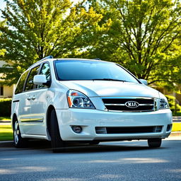 A realistic image of a white 2009 Kia Carnival parked in a suburban neighborhood