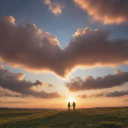 A romantic landscape with a couple holding hands, observing a stunning sunset. The clouds form a heart shape, and a few birds can be seen on the right side of the scene.