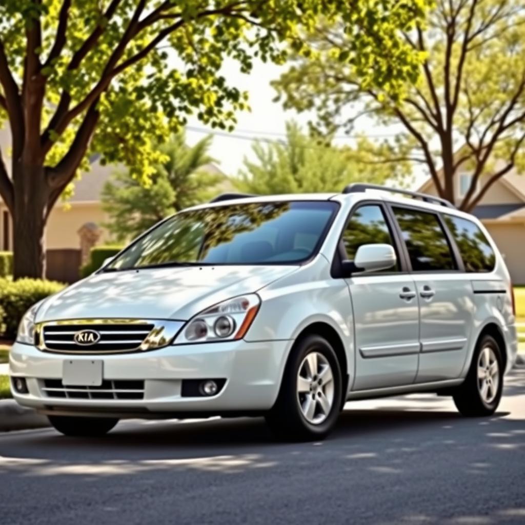 A realistic image of a white 2009 Kia Carnival parked in a suburban neighborhood