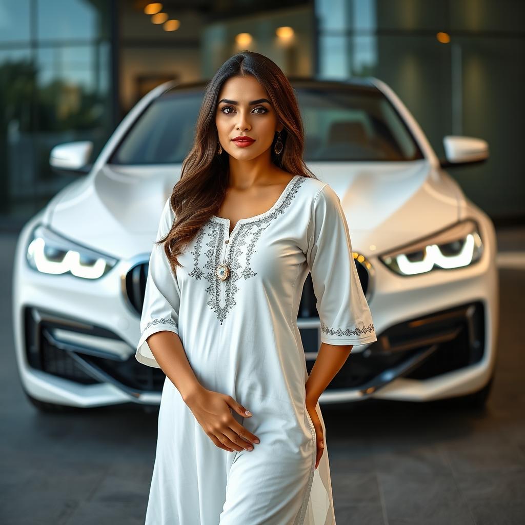 A sexy American woman wearing a white kurti with half sleeves and calf-length design, standing confidently in front of an elegant luxury BMW car