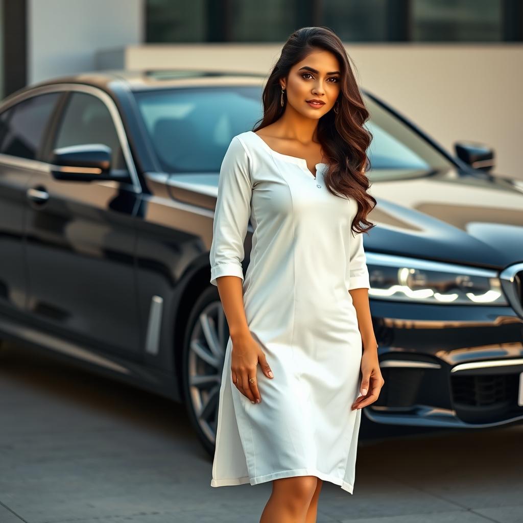 A sexy American woman wearing a white kurti with half sleeves and calf-length design, standing confidently in front of an elegant luxury BMW car