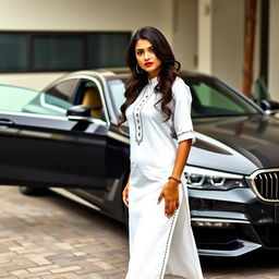 A sexy American woman wearing a white kurti with half sleeves and calf-length design, standing confidently in front of an elegant luxury BMW car