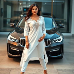 A sexy American woman wearing a white kurti with half sleeves and calf-length design, standing confidently in front of an elegant luxury BMW car