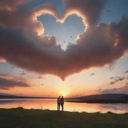 A romantic landscape with a couple holding hands, observing a stunning sunset. The clouds form a heart shape, and a few birds can be seen on the right side of the scene.