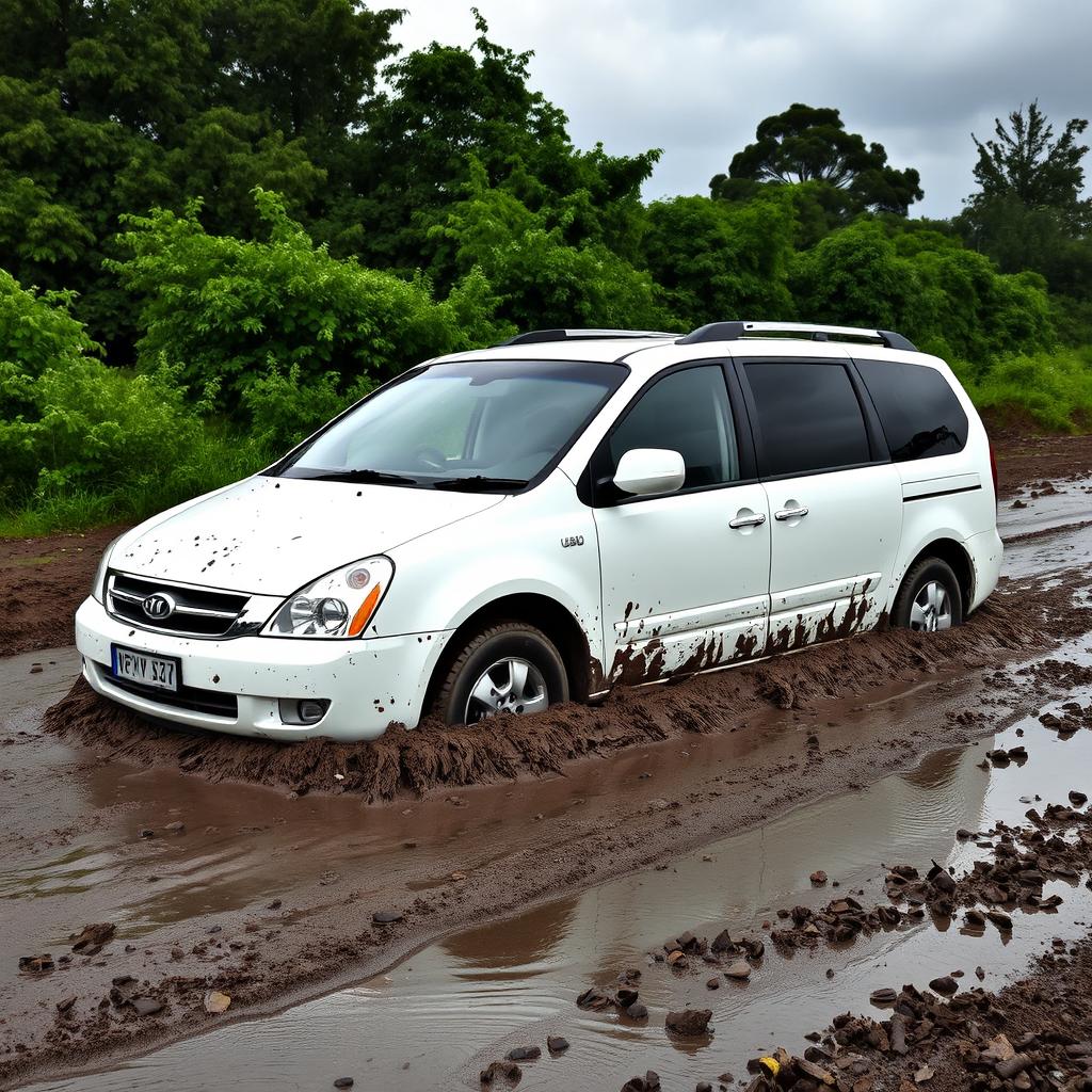 A realistic image of a white 2009 Kia Carnival stuck in slimy mud