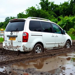 A realistic image of a white 2009 Kia Carnival stuck in slimy mud