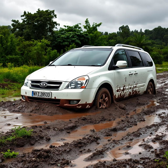 A realistic image of a white 2009 Kia Carnival stuck in slimy mud