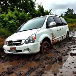 A realistic image of a white 2009 Kia Carnival stuck in slimy mud