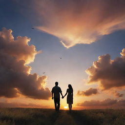 A romantic landscape with a couple holding hands, observing a stunning sunset. The clouds form a heart shape, and a few birds can be seen on the right side of the scene.