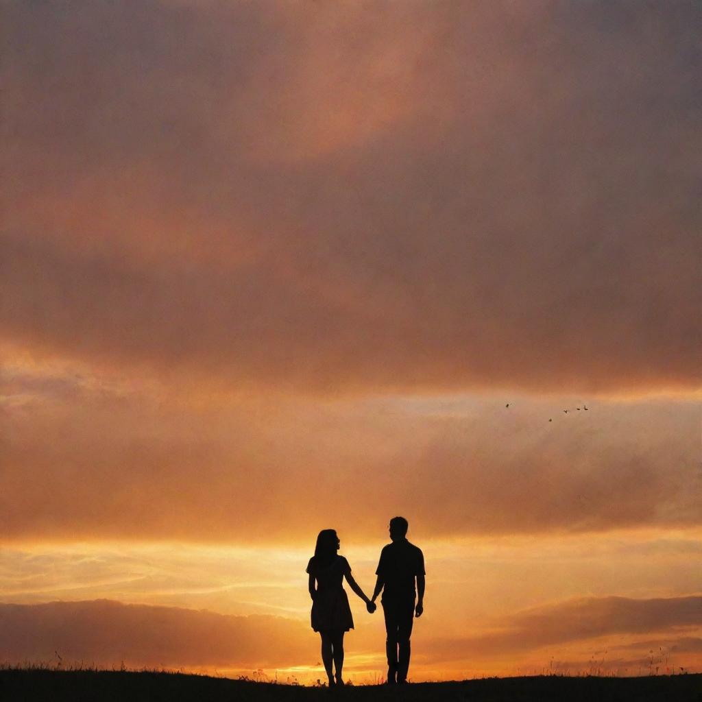 A landscape orientation of a couple standing together, holding hands, under an orange sunset sky. Centered between them are clouds forming a heart shape. On the right, a few birds can be seen flying.