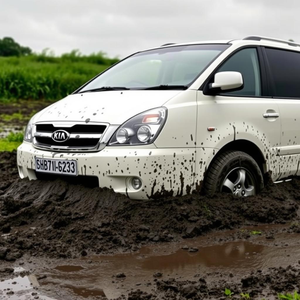 A realistic image of a white 2009 Kia Grand Carnival stuck in slimy mud