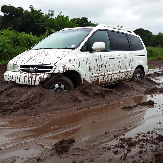 A realistic image of a white 2009 Kia Grand Carnival stuck in slimy mud