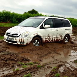 A realistic image of a white 2009 Kia Grand Carnival stuck in slimy mud